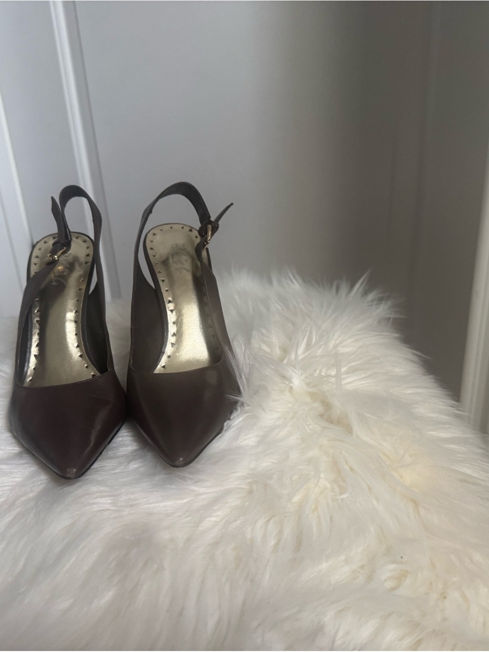 BCBG Pointed-Toe Slingback Heels in Dark Brown with Gold Insole
